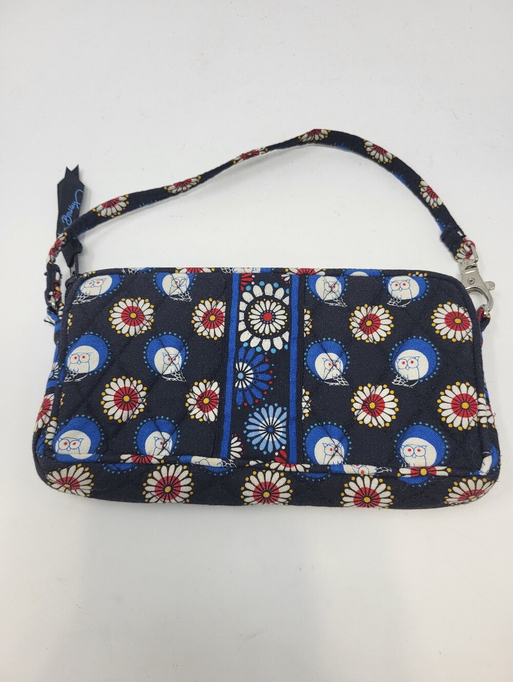 Vera Bradley Night Owl Wristlet 7" Quilted Black Blue White Pouch